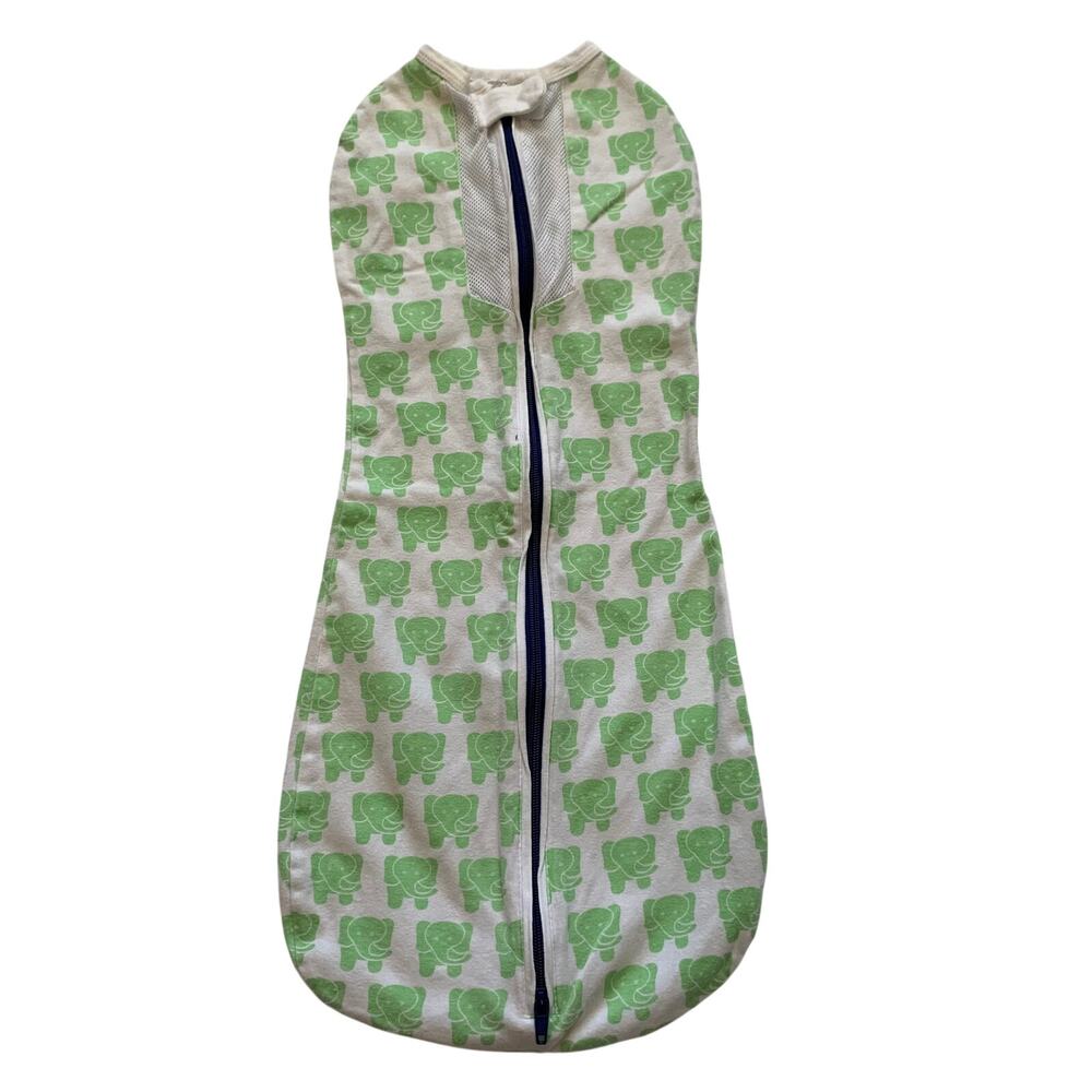 Woombie Big Baby 14-19 lbs 0-6M Infant Sleep Swaddle White Green Elephants Zip